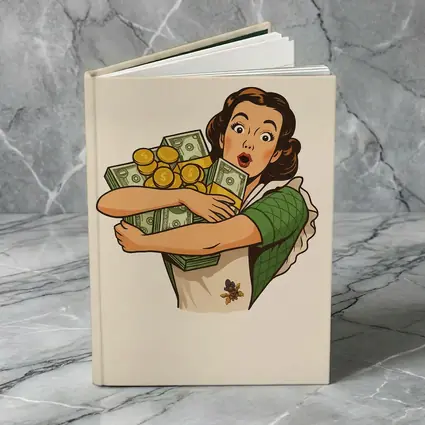 Retro Woman Hugging Cash And Gold Coins