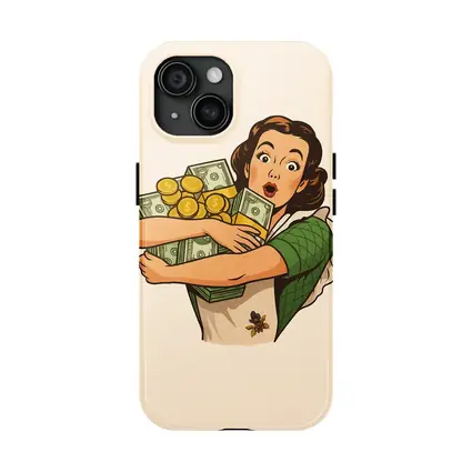 Retro Woman Hugging Cash And Gold Coins