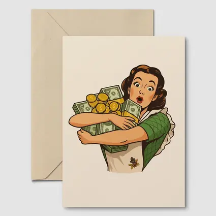 Retro Woman Hugging Cash And Gold Coins