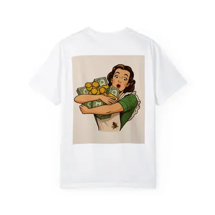Retro Woman Hugging Cash And Gold Coins