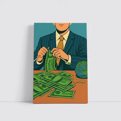 Businessman Knitting Money Bills Dark Illustration