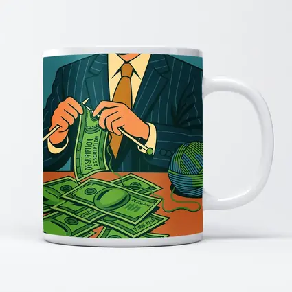 Businessman Knitting Money Bills Dark Illustration