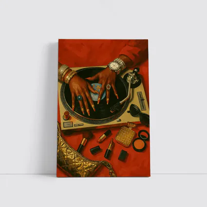 DJ Woman Hands Spinning Vinyl Record Gold