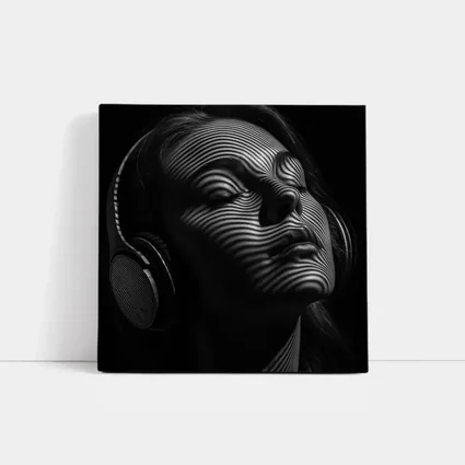 Woman Headphones Striped Light Black Background