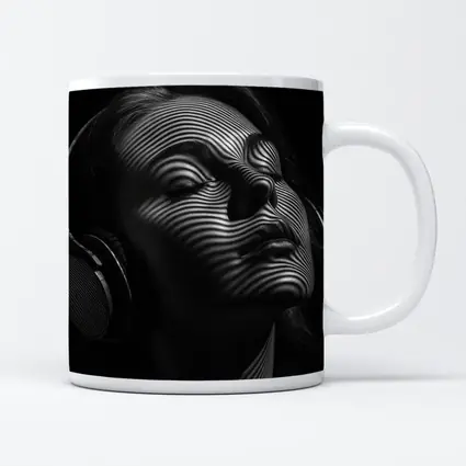 Woman Headphones Striped Light Black Background
