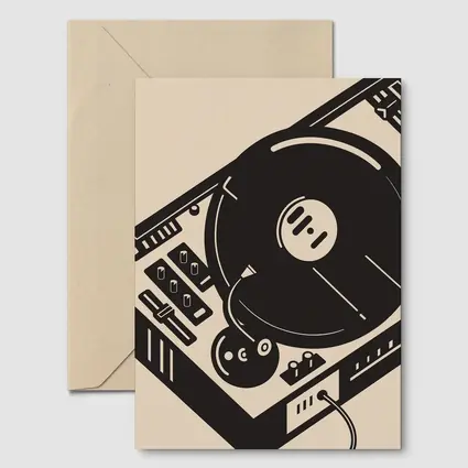 Retro DJ Turntable Illustration Beige Background