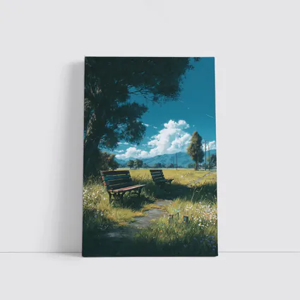 Anime Park Benches Meadow Mountains Sky