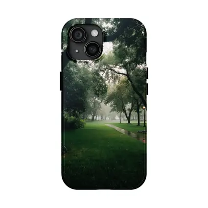 Rainy Park Path Through Green Trees