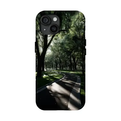 Shaded Park Path Through Tall Green Trees