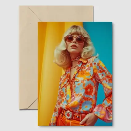 Retro Seventies Woman Floral Blouse Orange Background