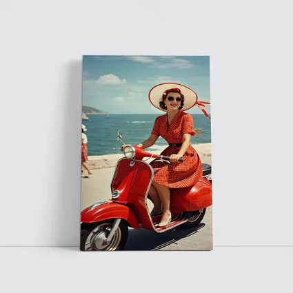 Retro Woman Red Scooter Coastal Scene