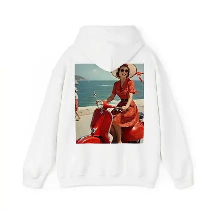 Retro Woman Red Scooter Coastal Scene