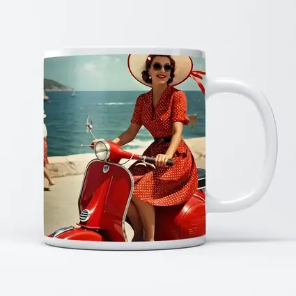 Retro Woman Red Scooter Coastal Scene