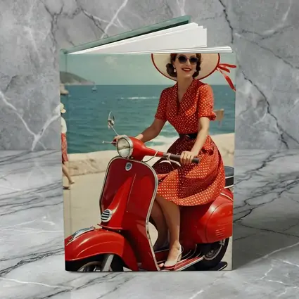 Retro Woman Red Scooter Coastal Scene