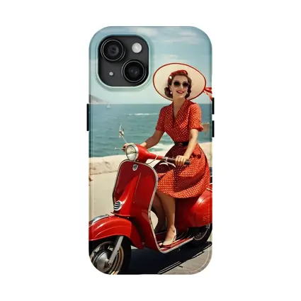 Retro Woman Red Scooter Coastal Scene