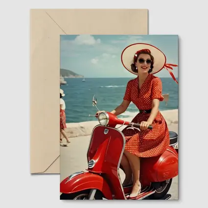 Retro Woman Red Scooter Coastal Scene