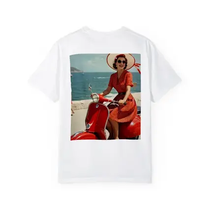 Retro Woman Red Scooter Coastal Scene