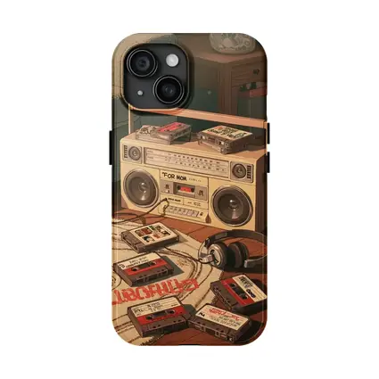 Retro Boombox Cassette Tapes Floor Scene