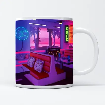 Retro Neon Diner Cafe Synthwave Interior Art