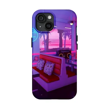 Retro Neon Diner Cafe Synthwave Interior Art