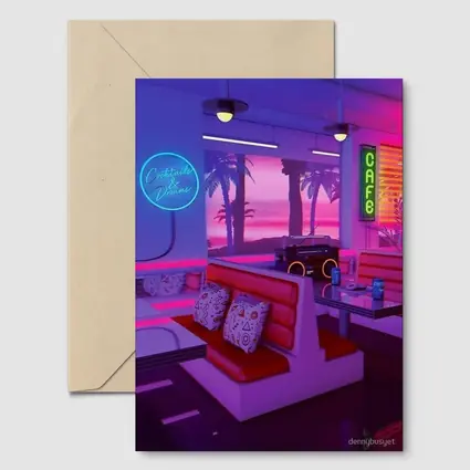 Retro Neon Diner Cafe Synthwave Interior Art