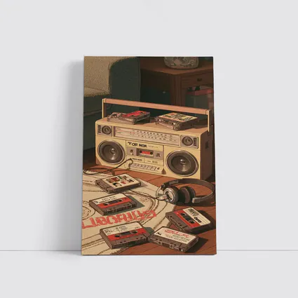 Retro Boombox Cassette Tapes Floor Scene