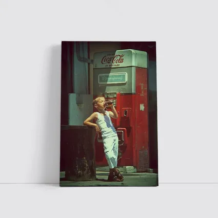 Boy Drinking Soda Vintage Coca Cola Machine