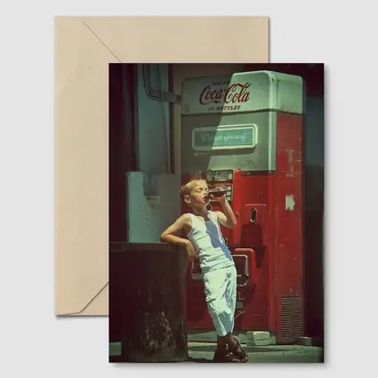 Boy Drinking Soda Vintage Coca Cola Machine