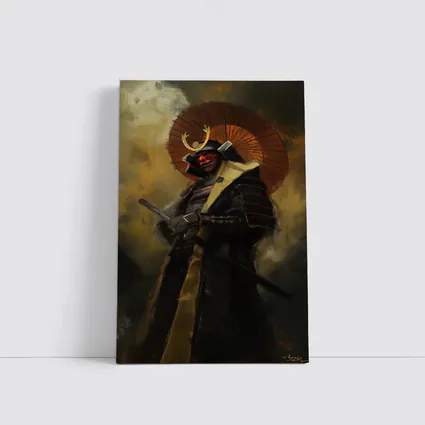 Red Masked Samurai Warrior Dark Painted Background