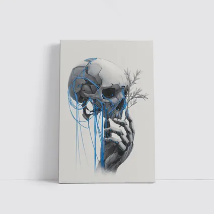 Cyberpunk Robot Skull Blue Wires Art