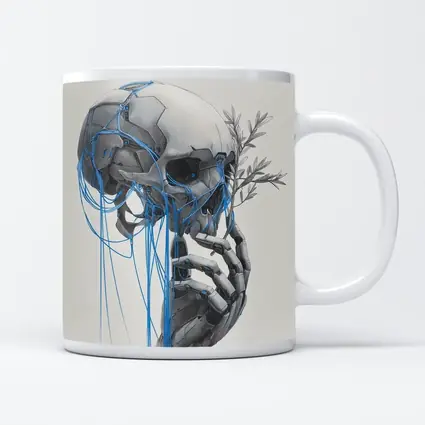 Cyberpunk Robot Skull Blue Wires Art