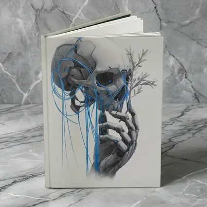 Cyberpunk Robot Skull Blue Wires Art