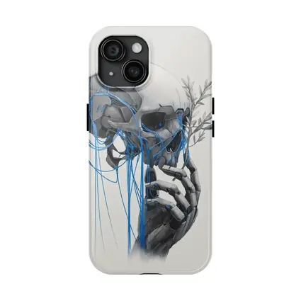 Cyberpunk Robot Skull Blue Wires Art