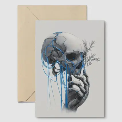 Cyberpunk Robot Skull Blue Wires Art
