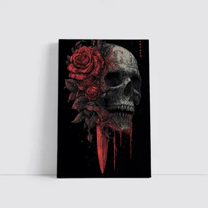 Dark Skull Red Roses Dagger Black Background