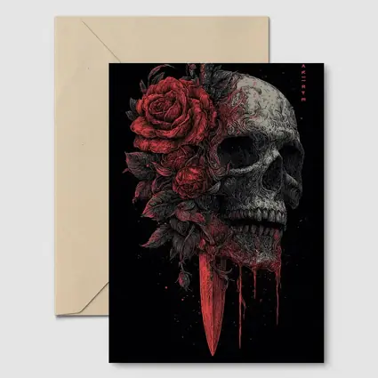 Dark Skull Red Roses Dagger Black Background