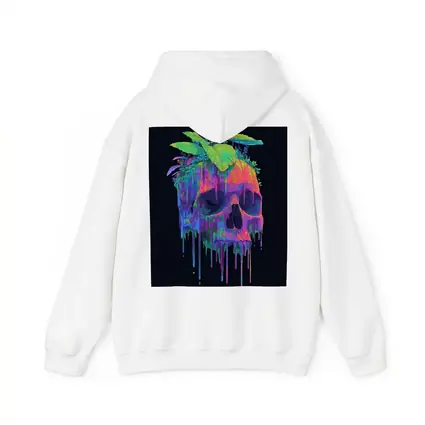 Neon Skull With Tropical Plants Black Background