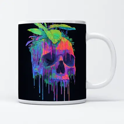 Neon Skull With Tropical Plants Black Background