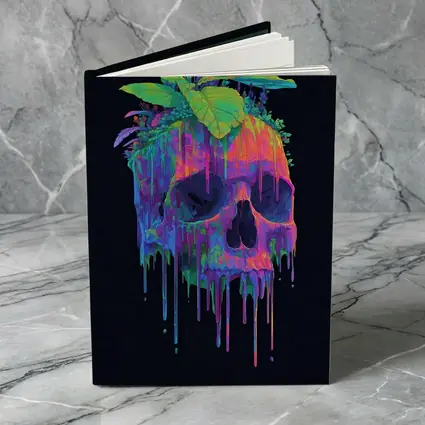 Neon Skull With Tropical Plants Black Background