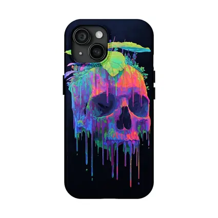 Neon Skull With Tropical Plants Black Background