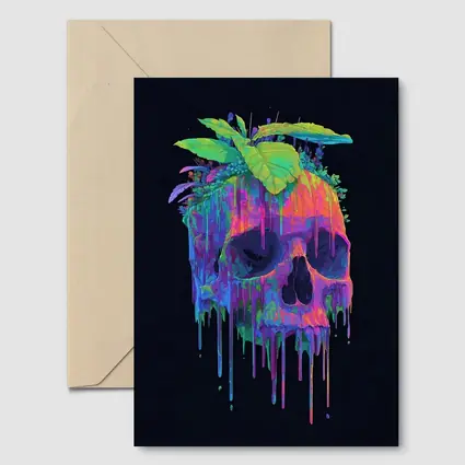 Neon Skull With Tropical Plants Black Background
