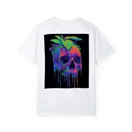 Neon Skull With Tropical Plants Black Background