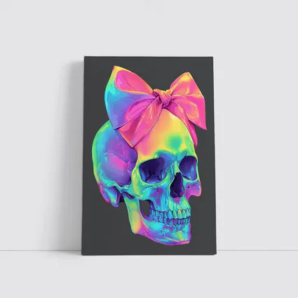 Rainbow Skull With Pink Bow Dark Background