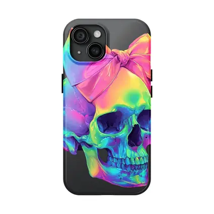 Rainbow Skull With Pink Bow Dark Background