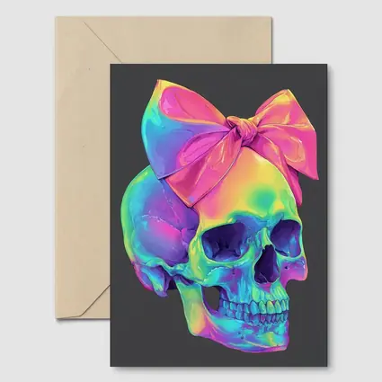 Rainbow Skull With Pink Bow Dark Background