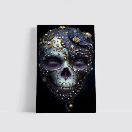 Ornate Sugar Skull Gold Floral Dark Background