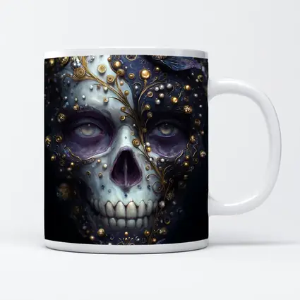 Ornate Sugar Skull Gold Floral Dark Background