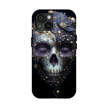 Ornate Sugar Skull Gold Floral Dark Background