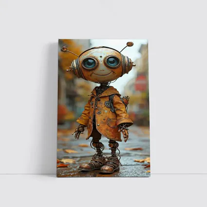 Rusty Robot Child Walking Autumn City Street