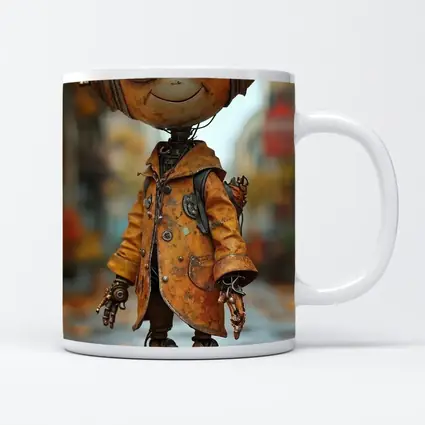 Rusty Robot Child Walking Autumn City Street